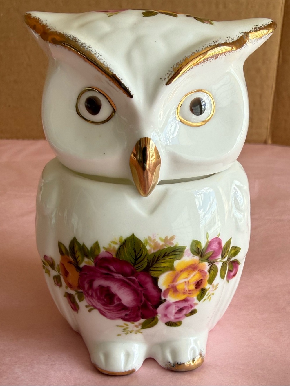 Vintage Cottage Rose Fine Bone China Owl Lidded Trinket Box Keepsake Pot Gold